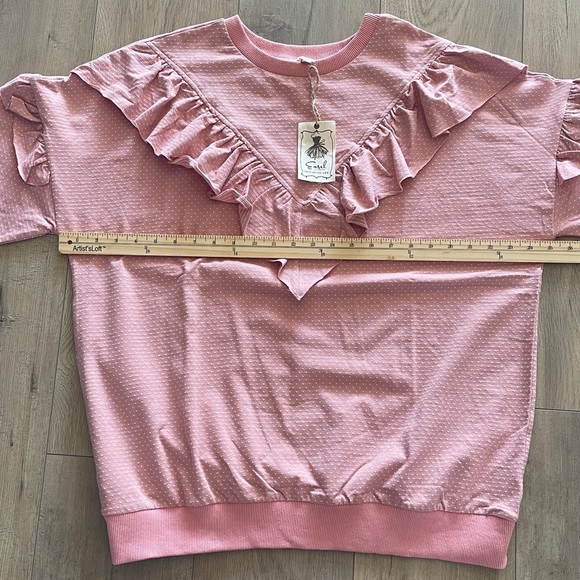 NWT Easel Pink Polka Dot Ruffle Sweatshirt Size Large Crewneck Cottagecore Boho - Picture 8 of 10